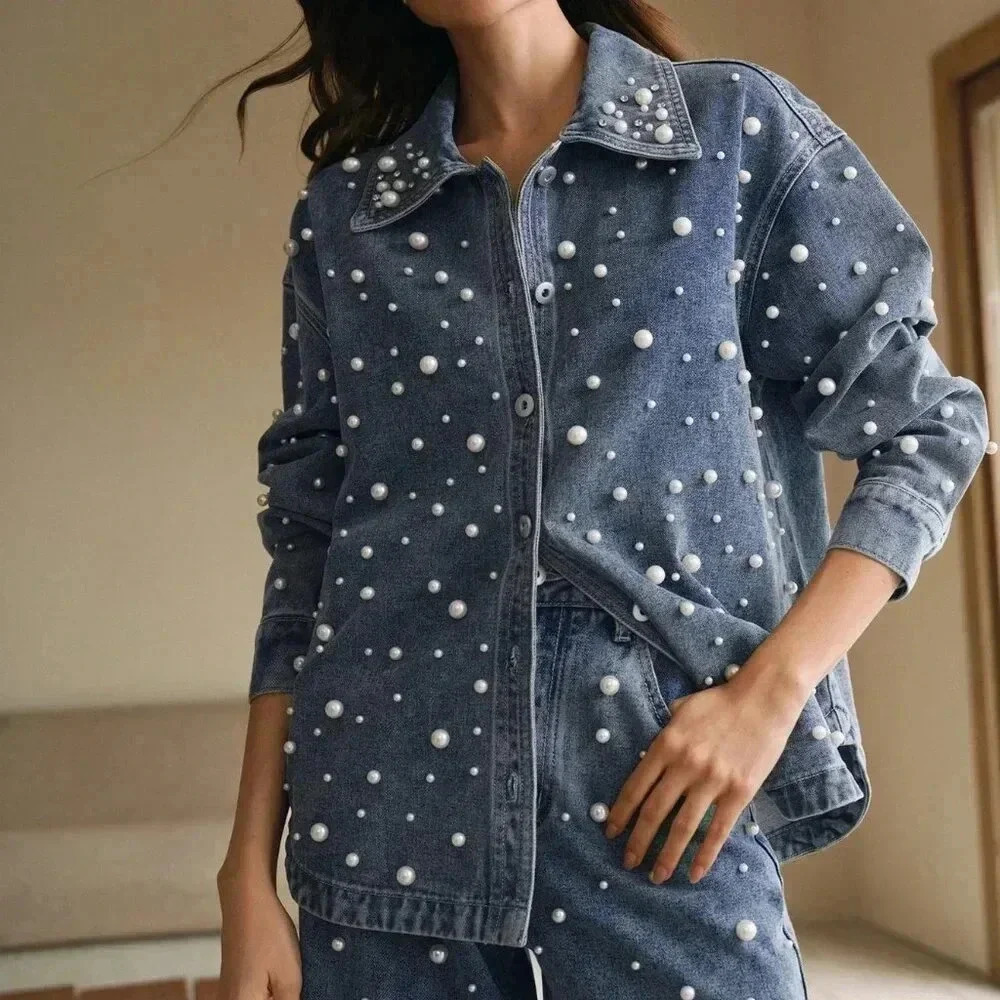 Blue Casual Women's Pearl and Rhinestone Decorated Button-Up Long Denim Blouse